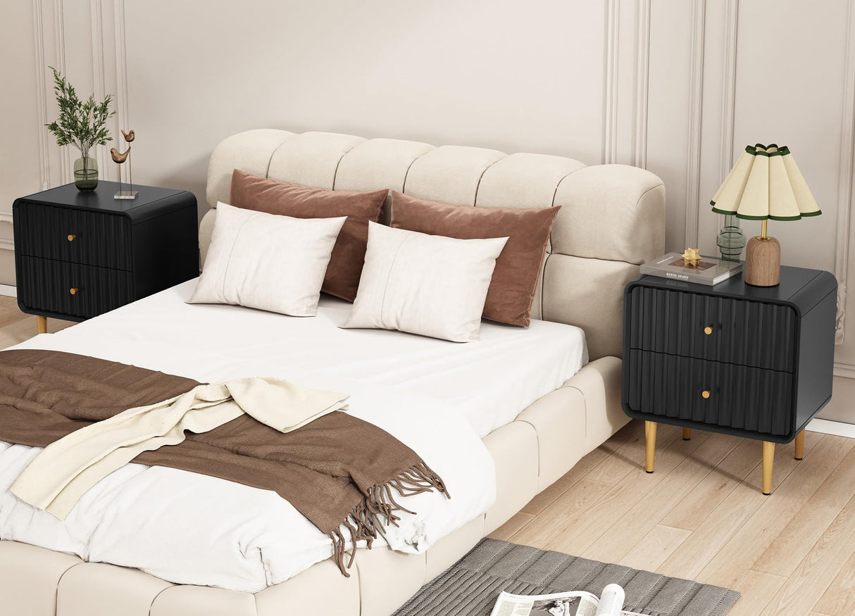 Modern Nightstand Set of 2, Fluted Bed Side Table with 2 Drawers Storage