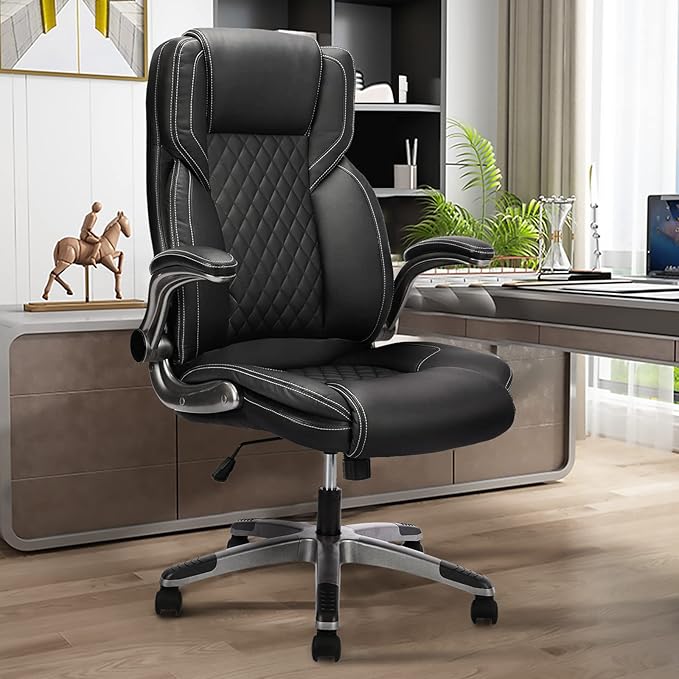 Brown Leather Office Chair with Flip up Arms, High Back Ergonomic Executive Office