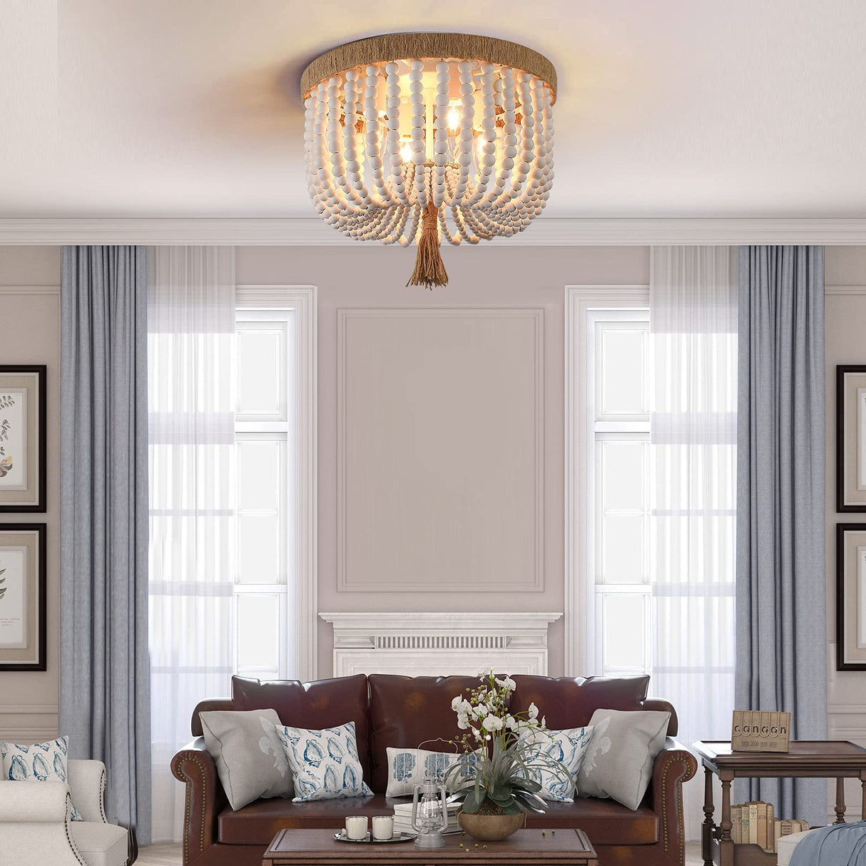 Beaded Light Fixture Flush Mount Ceiling Light White Bohemia Antique Farmhouse Wood