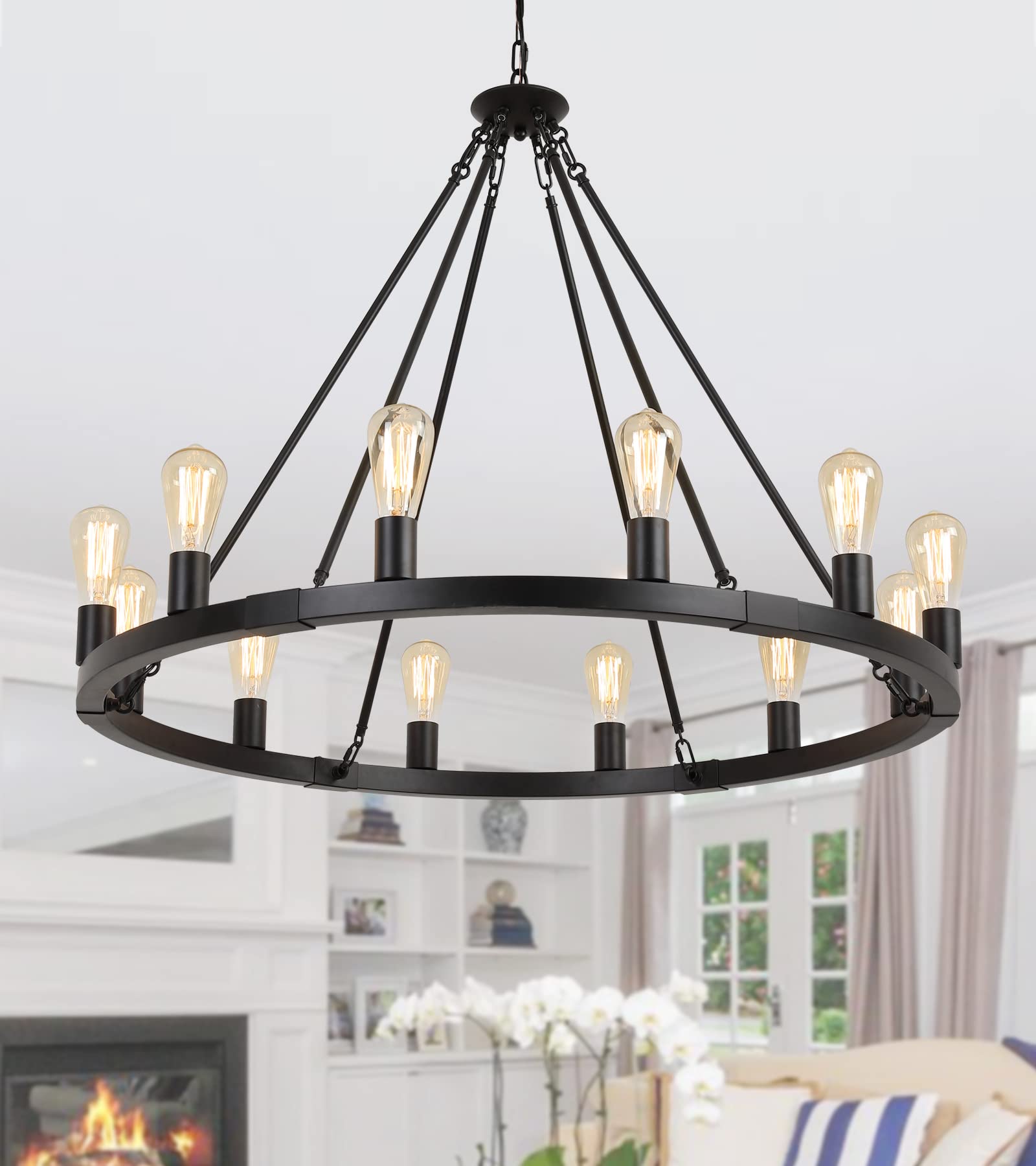 Large Farmhouse Wagon Wheel Chandelier,Black Industrial Round 12 Lights Dining Room