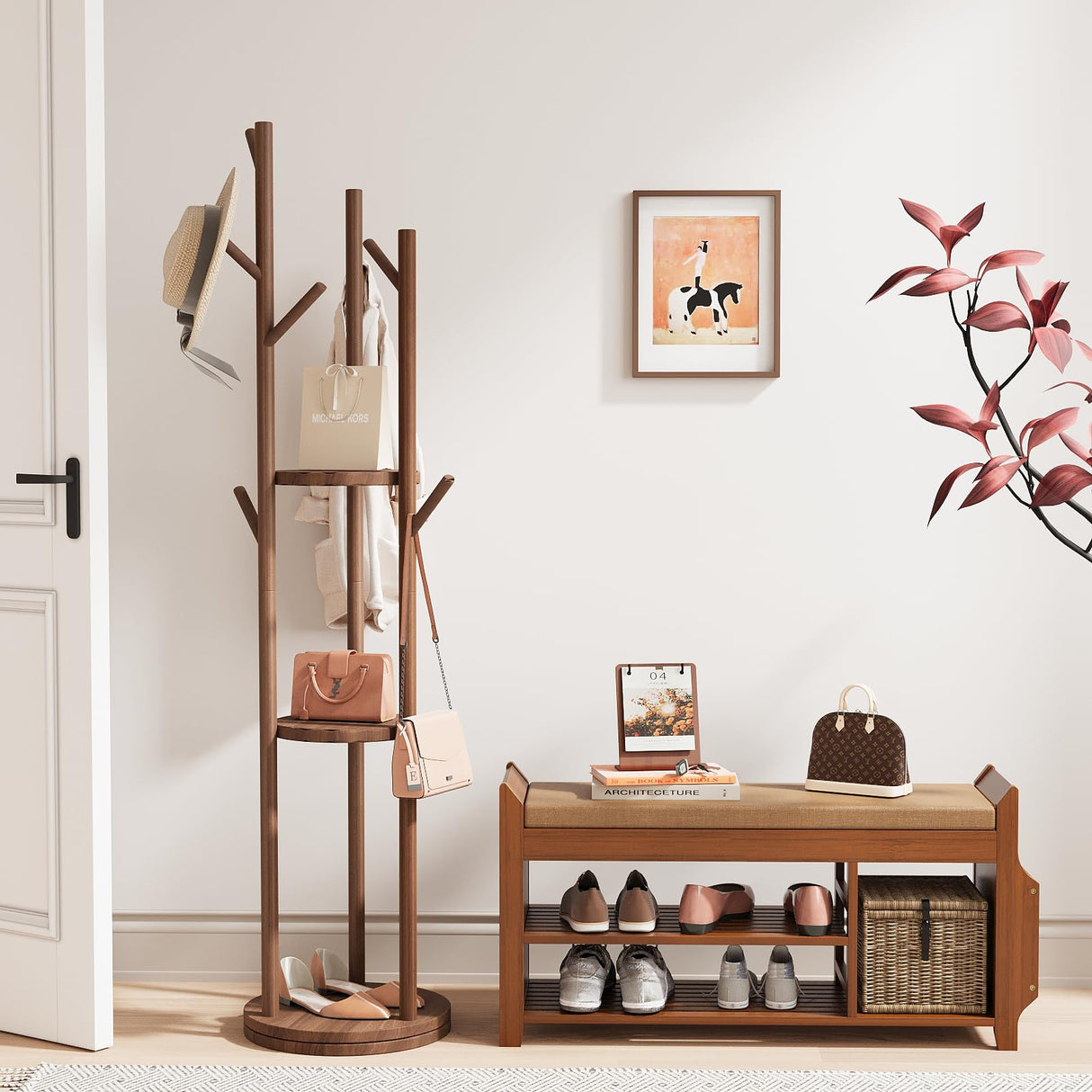 Bamboo Shoe Rack Bench with Removable Cushion