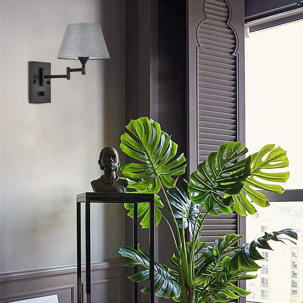 Plug in Wall Sconce Set of 2 Swing Arm Wall Lamp with Plug in Cord and Grey Fabric