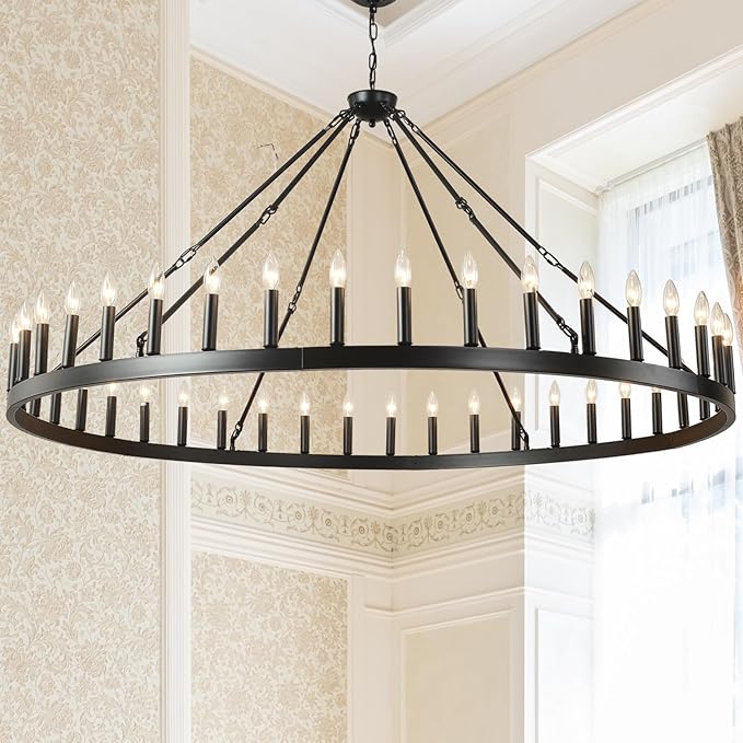 Black Wagon Wheel Chandelier 40 inch,20-Light Farmhouse Wagon Wheel Chandeliers