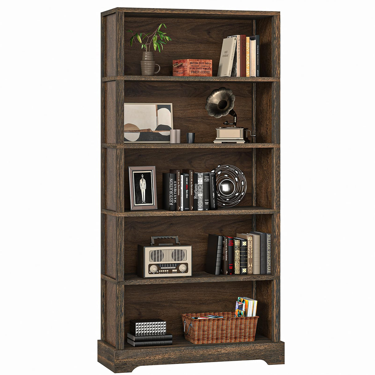 5-Shelf Wood Bookcase, 65 Inch Tall Bookshelf with Storage, Floor Standing Display Book Shelf (Rustic Brown)