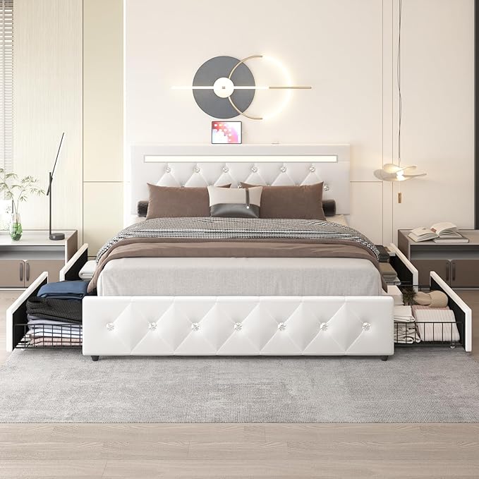 Full Size Bed Frame with 4 Drawers and LED Adjustable Headboard