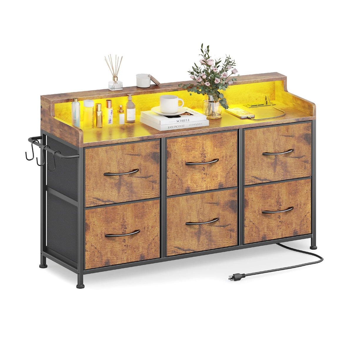 Dresser for Bedroom with 6 Drawers, LED TV Stand Dresser with Charging Station, Chest