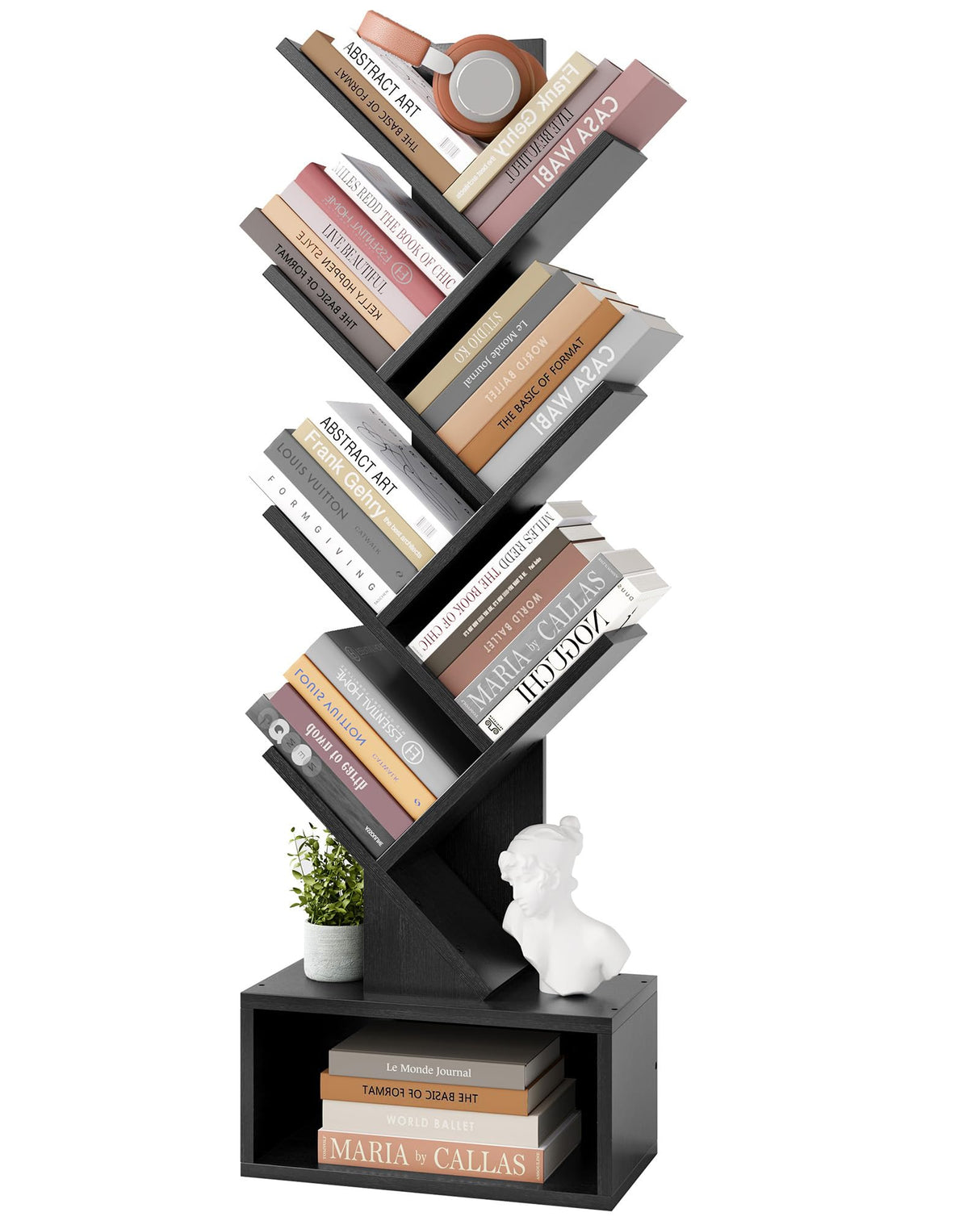 Hoctieon 6 Tier Tree Bookshelf, Tall Bookcase with Drawer, Freestanding Book Shelf, Display Floor Standing Storage Shelf, Book Organizer Shelves for Home Office, Living Room, Bedroom, Black