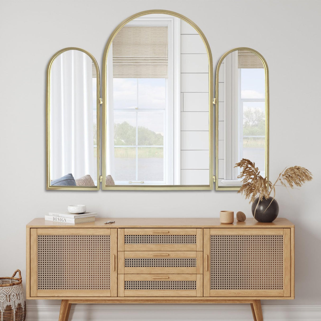 Trifold Vanity Mirror 3-Way Adjustable 30x37 Inch - Champagne Gold Arch Wall Mounted