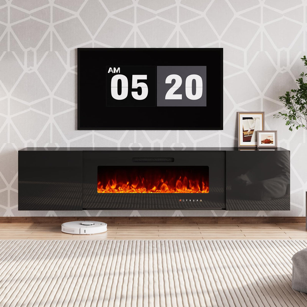 Floating Fireplace TV Stand, Wall Mounted Mirrored Entertainment Center