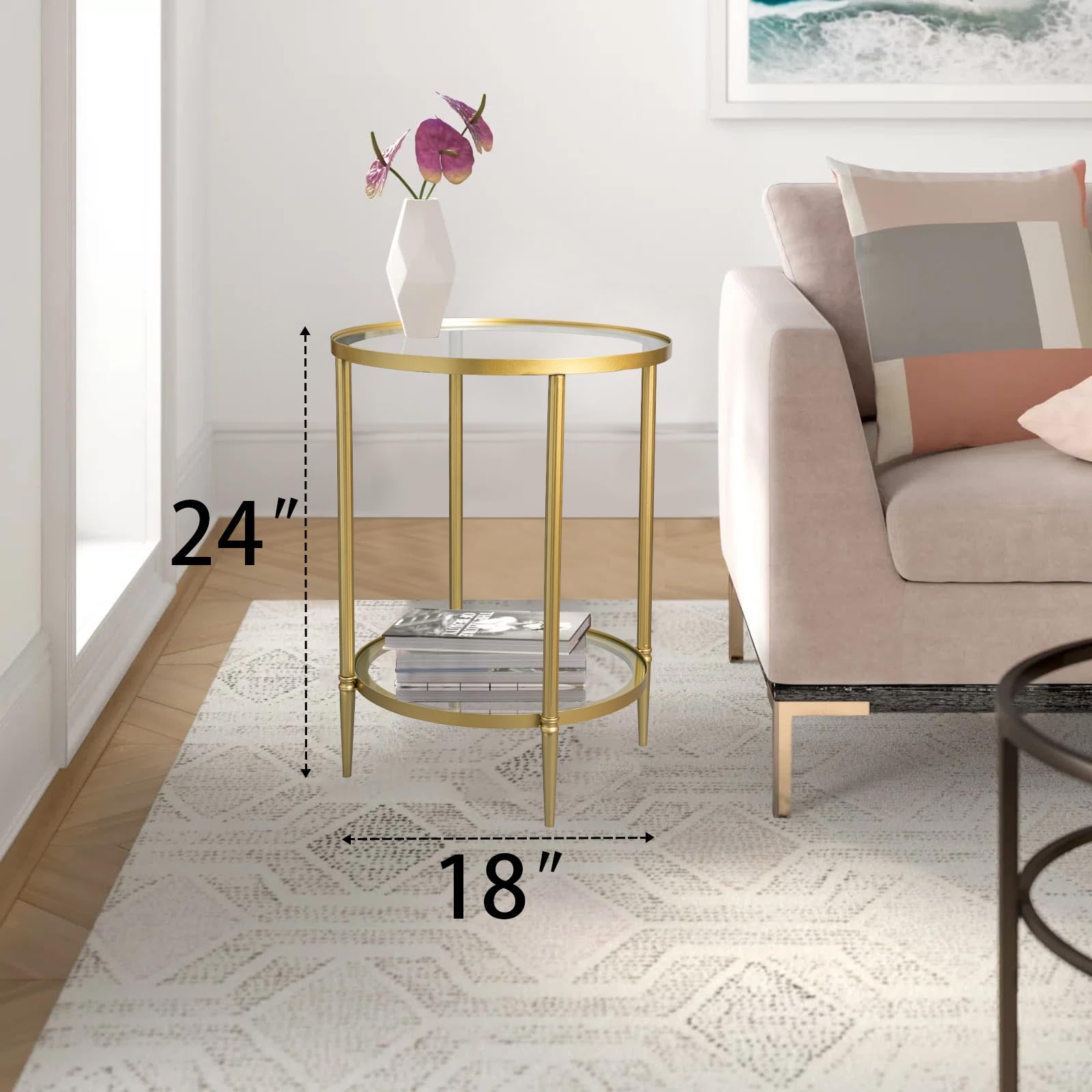 2 Tier Round Side Table, Gold End Table with Glass Top, Modern Metal Clear Coffee Table