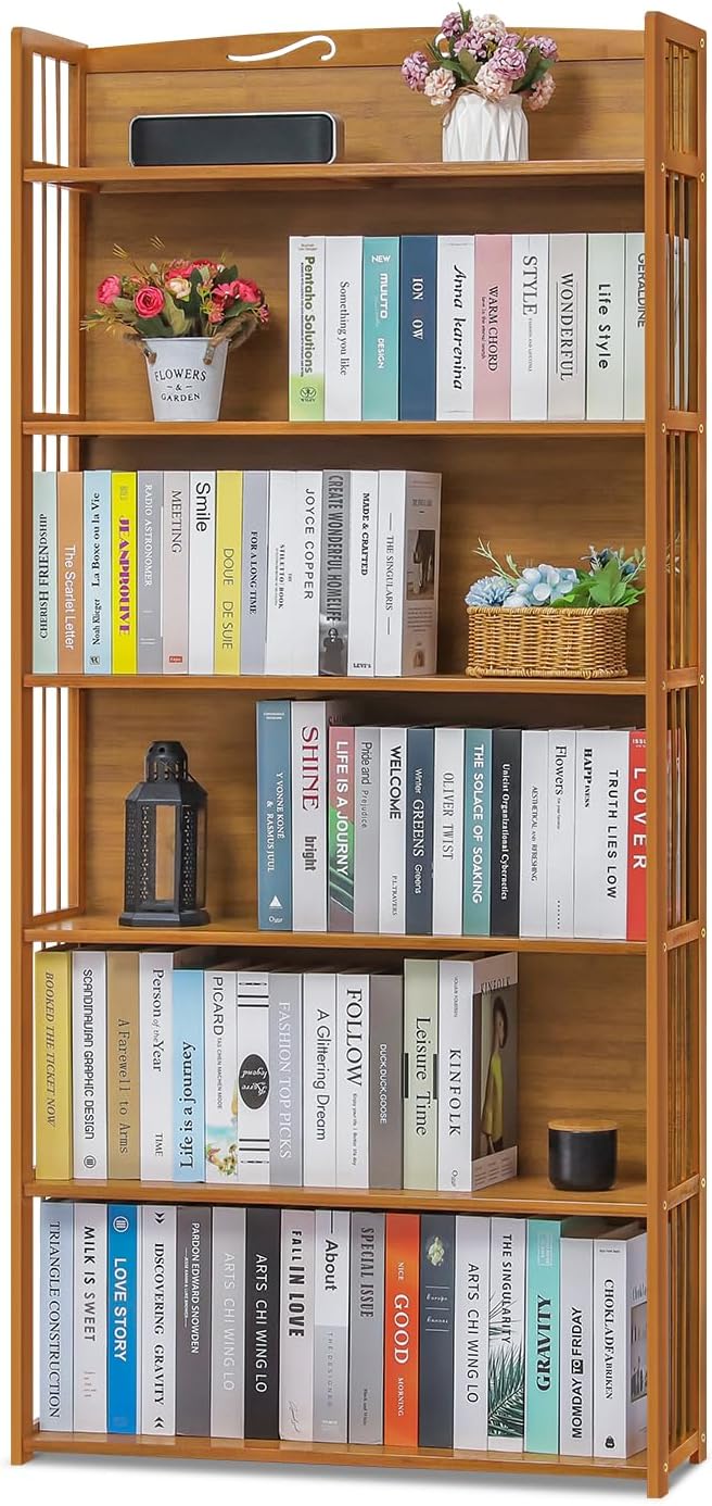 4 Shelf Bamboo Bookshelf Freestanding Display Shelf, Tall Bookcase Rack Organize for Home Office Library Small Narrow Space (Natural, 19.7" L x 9.8" W x 43.7" H)