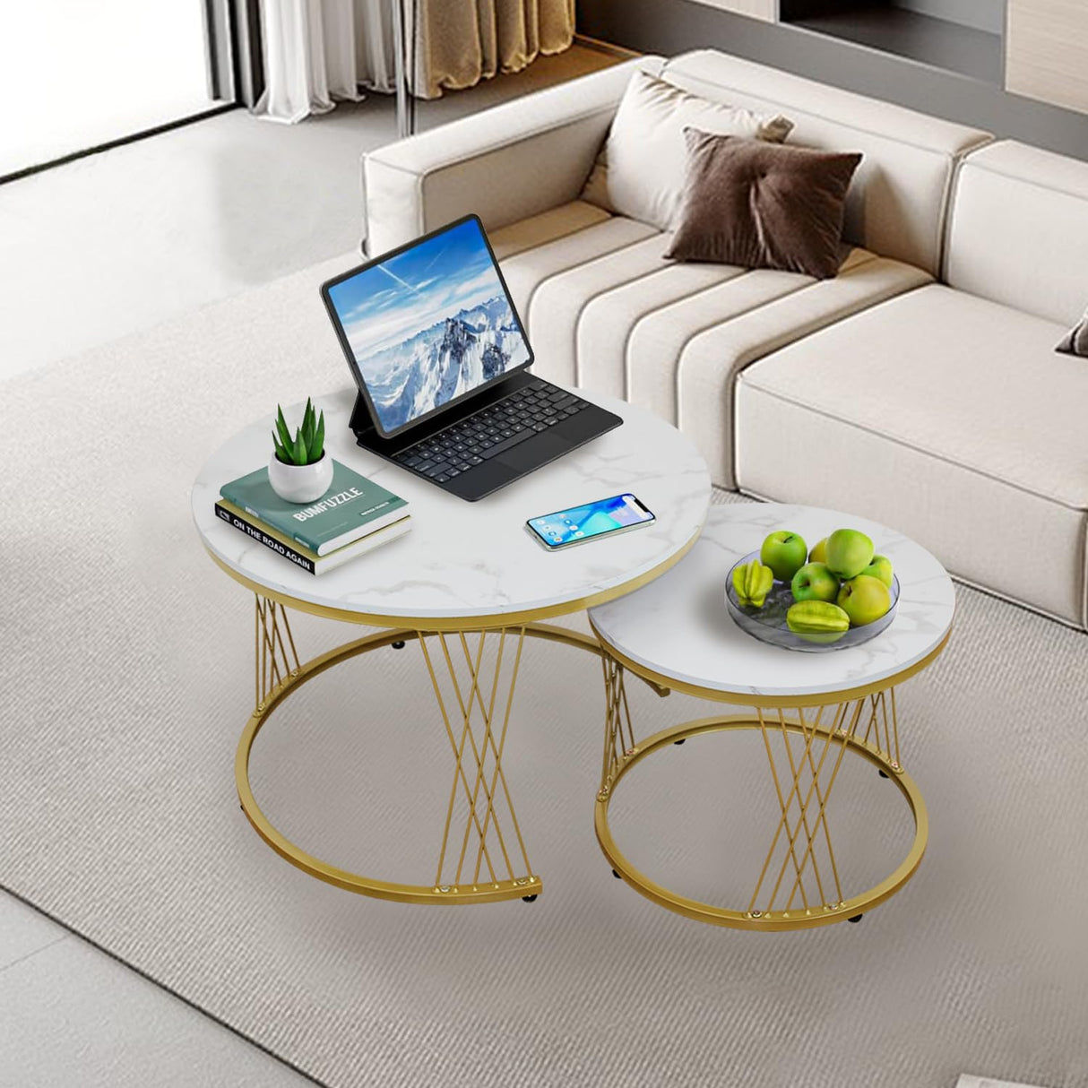 Nesting Coffee Table Set of 2, Round Side Tables for Living Room, Apartment (Gold)