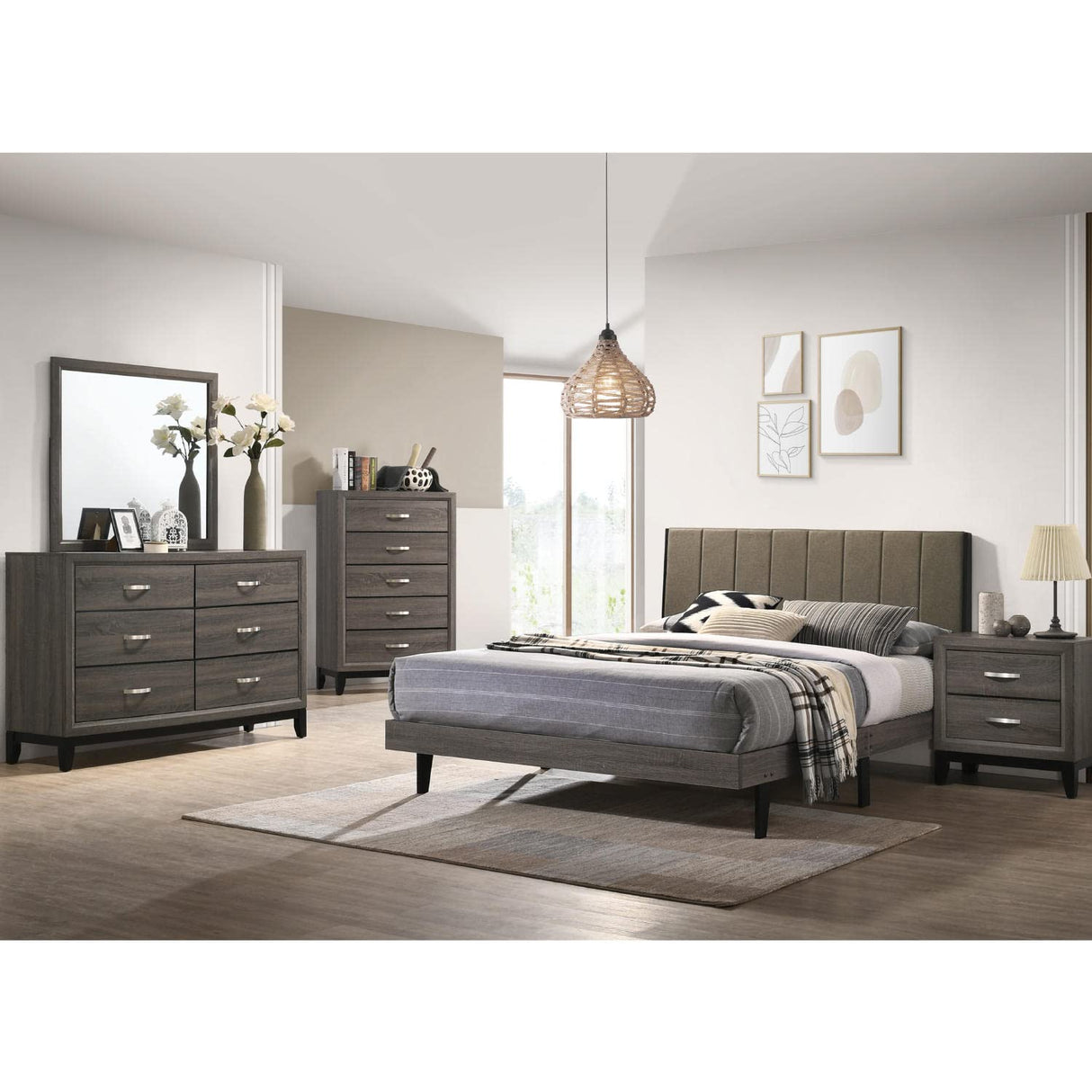 Fabric Queen Size Bed, (U.S. Standard), Brown and Weathered Gray