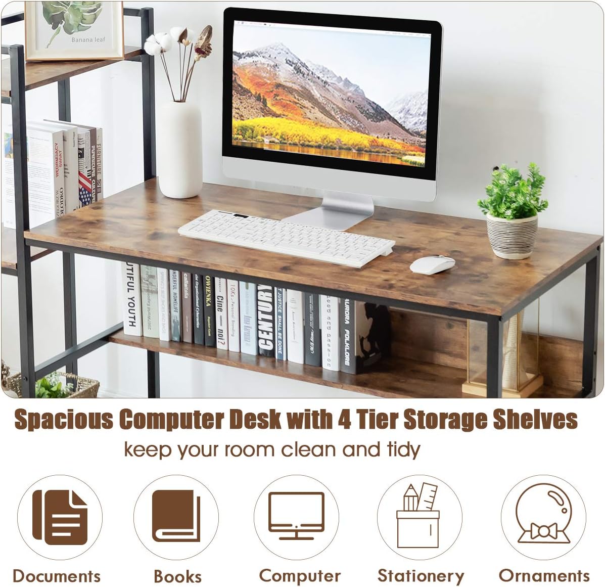 59-Inch Computer Desk with Bookshelf, Home Office Desk with Storage Bookshelf