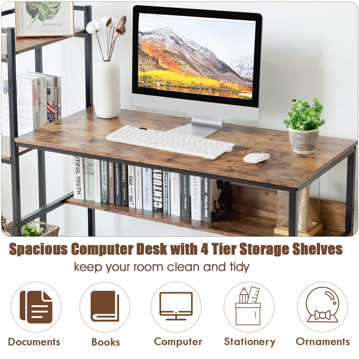 59-Inch Computer Desk with Bookshelf, Home Office Desk with Storage Bookshelf