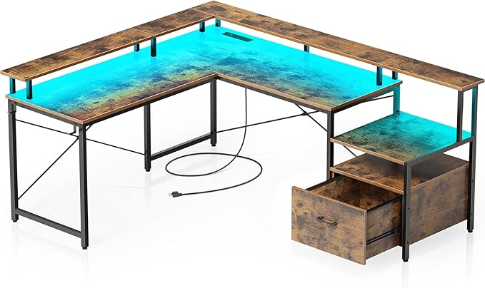 Computer Desk with File Drawer, 64" Reversible L Shaped Desk with Power