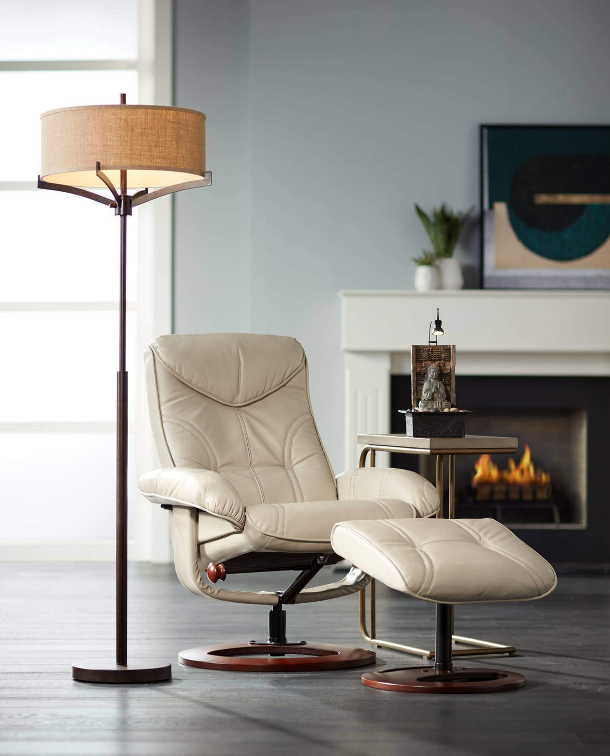 Franklin Iron Works Tremont Modern Mid Century Floor Lamp Standing 62" Tall Deep Bronze Metal Tan Burlap Drum Shade for Living Room Reading Bedroom Office House Home Decor