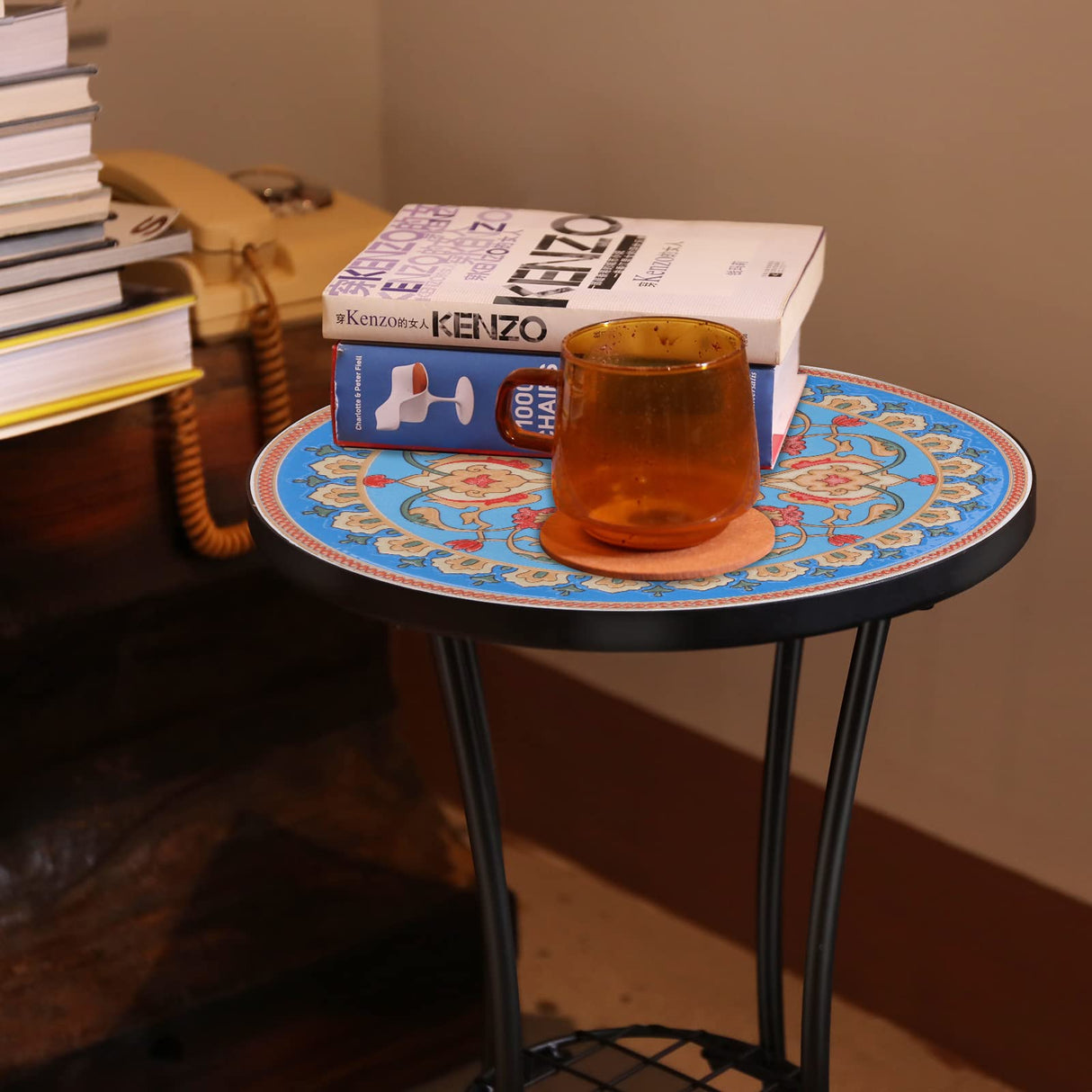 Outdoor Side Table Mosaic Patio Table Accent Tables Mosaic Tile Top Metal Frame Small