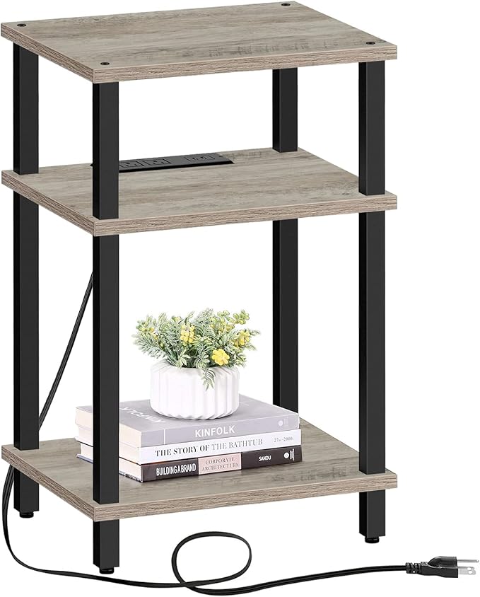 End Table with Charging Station, Side Table with USB Ports and Outlets, Nightstand, 3