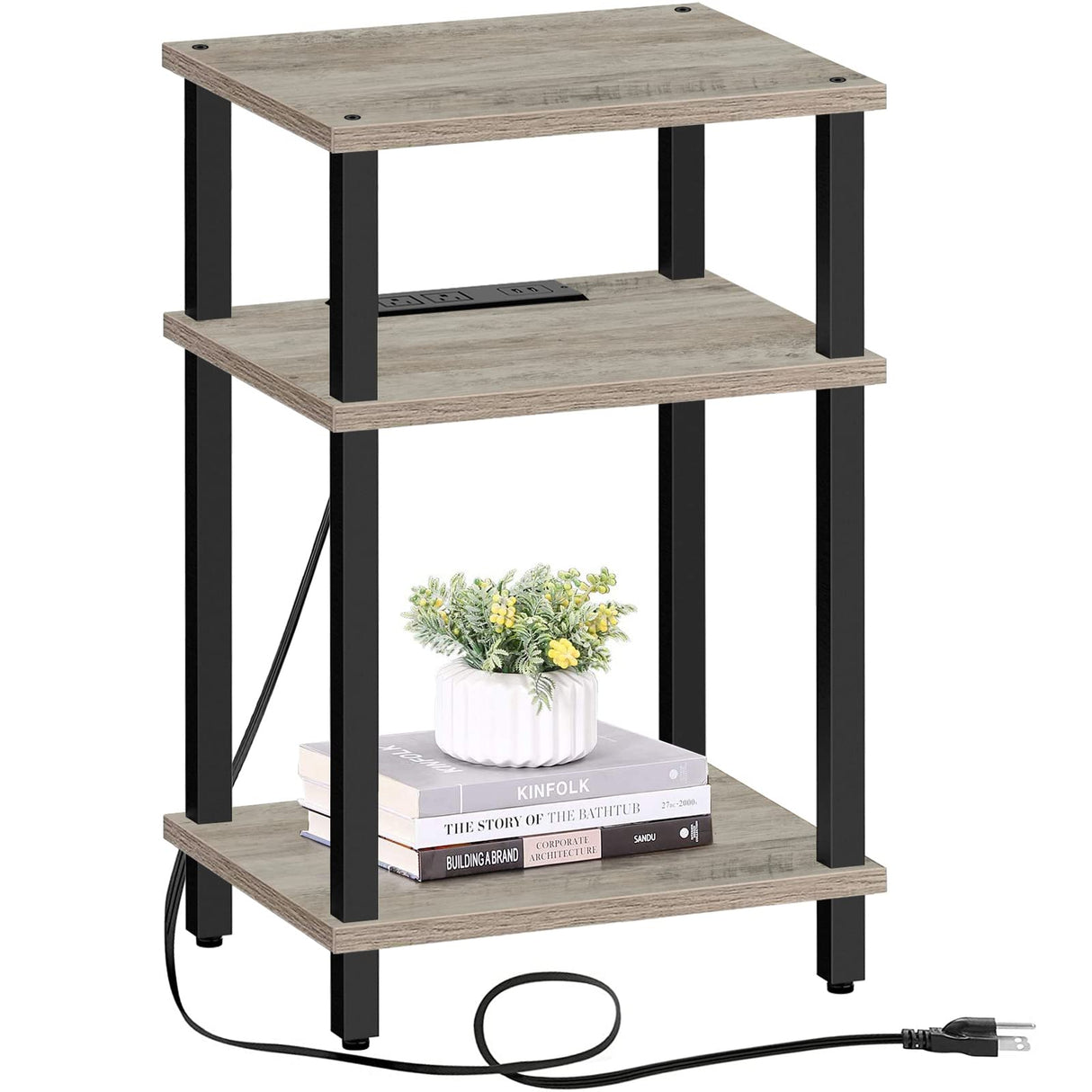 End Table with Charging Station, Side Table with USB Ports and Outlets, Nightstand, 3