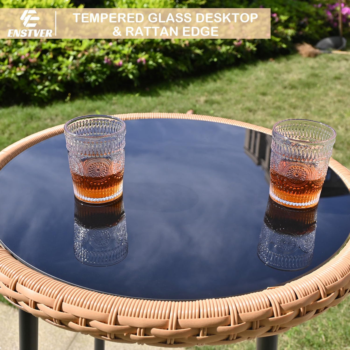 ENSTVER 3-Piece Patio Rattan Bar Set,Outdoor High Top Table and Chairs Set with Cushions&1 Tempered Glass Bar Table,Patio Bistro Dining Bar Set for Backyard, Garden, Balcony