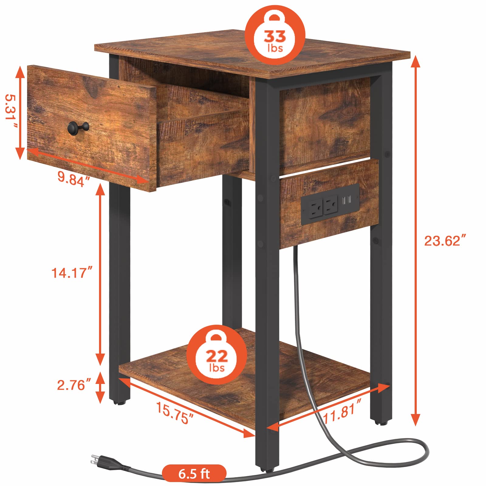 Nightstand with Charging Station, Side Table End Table with Large Drawer