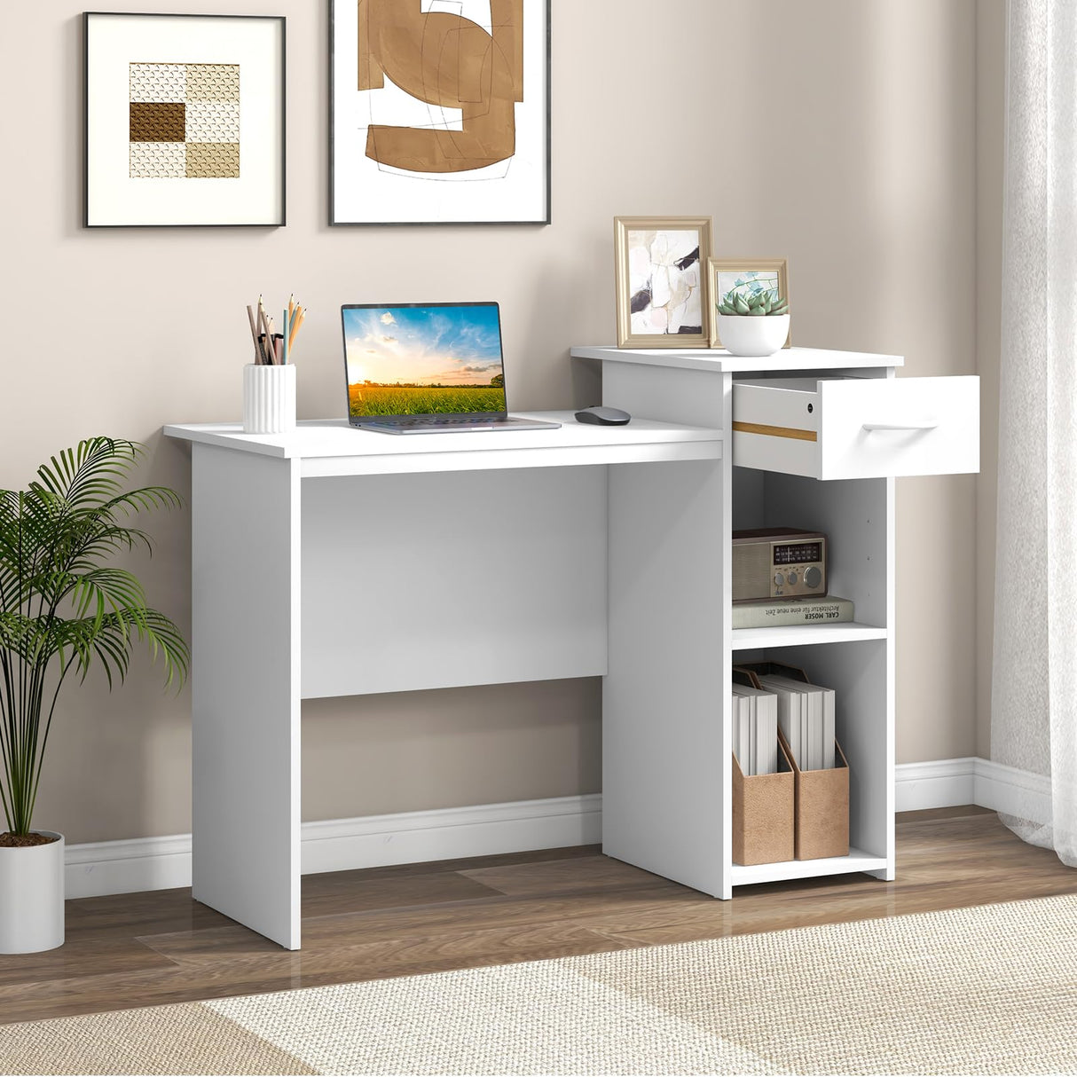 Tangkula White Desk with Drawer, Modern Computer Desk with Adjustable Shelf & Cable Hole, Compact Writing Study Desk, Wooden Computer Workstation for Home or Office, White