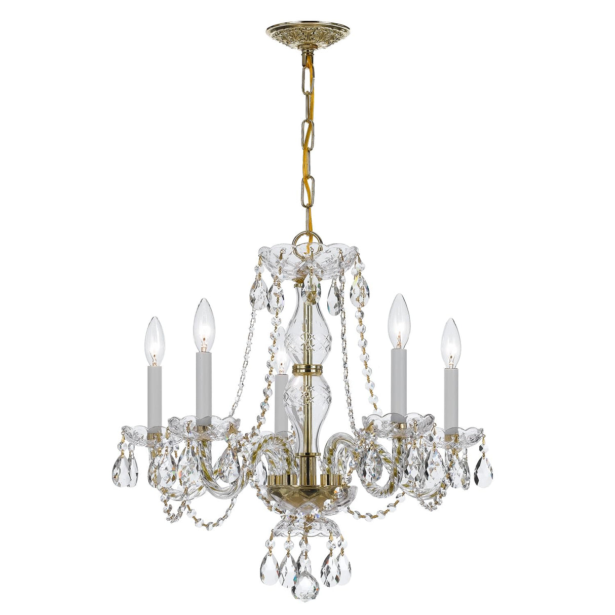 Traditional Crystal 5 Light Clear Italian Crystal Polished Brass Chandelier