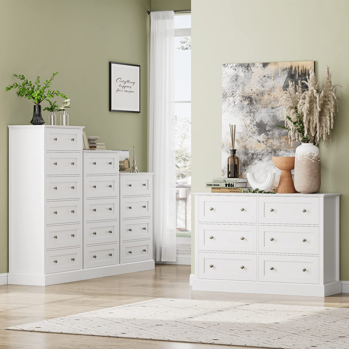 Modern 6 Drawer Double Dresser, White Dresser Wood Dresser