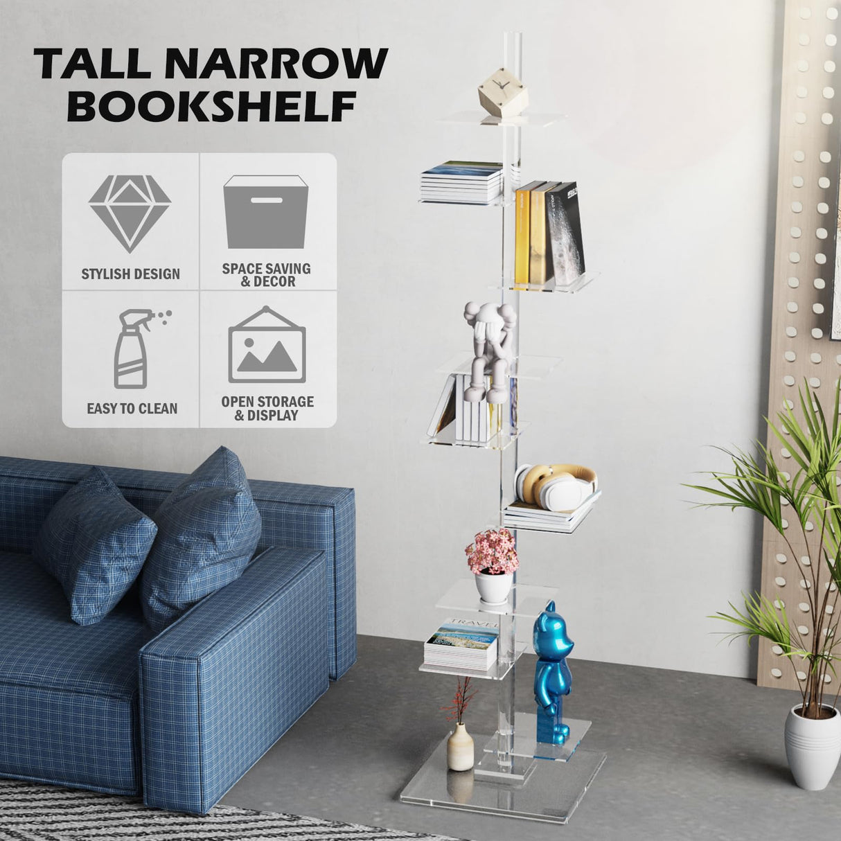 9 Tier Acrylic Bookshelf Invisible Bookshelf, Height Adjustable Vertical Spine Book Tower, Floor Standing Bookcase Display Shelf for Books,Decor, DIY Open Bookcase for Living Room, Office