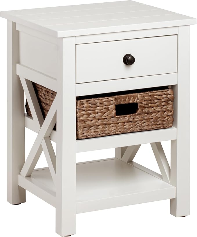 X-Side Nightstand End Table Side Table with Drawer, 2 Storage Shelves and Wicker Basket