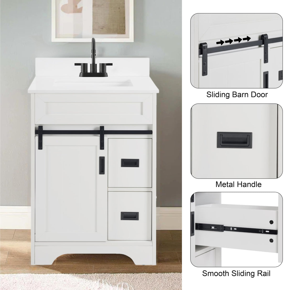 SmartEdge 24" Bathroom Vanity with Sink – Sliding Barn Door & 2 Drawers