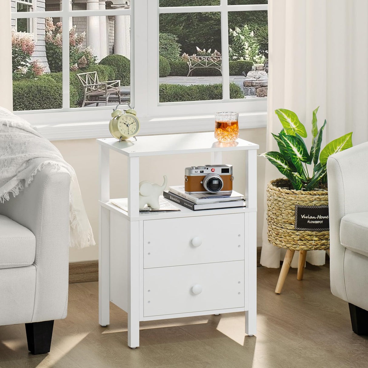 White Night Stand, Small Nightstand with 2 Wood Drawers and Storage Shelf, Modern