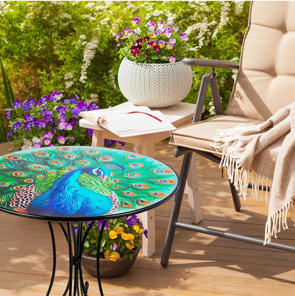 Outdoor Side Table,18 Inch Metal Accent Table, Peacock Round End Tables