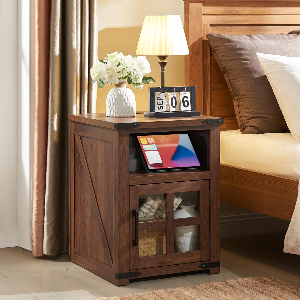 Farmhouse Nightstand with Charging Station, Rustic End Table with Tempered Glass Barn