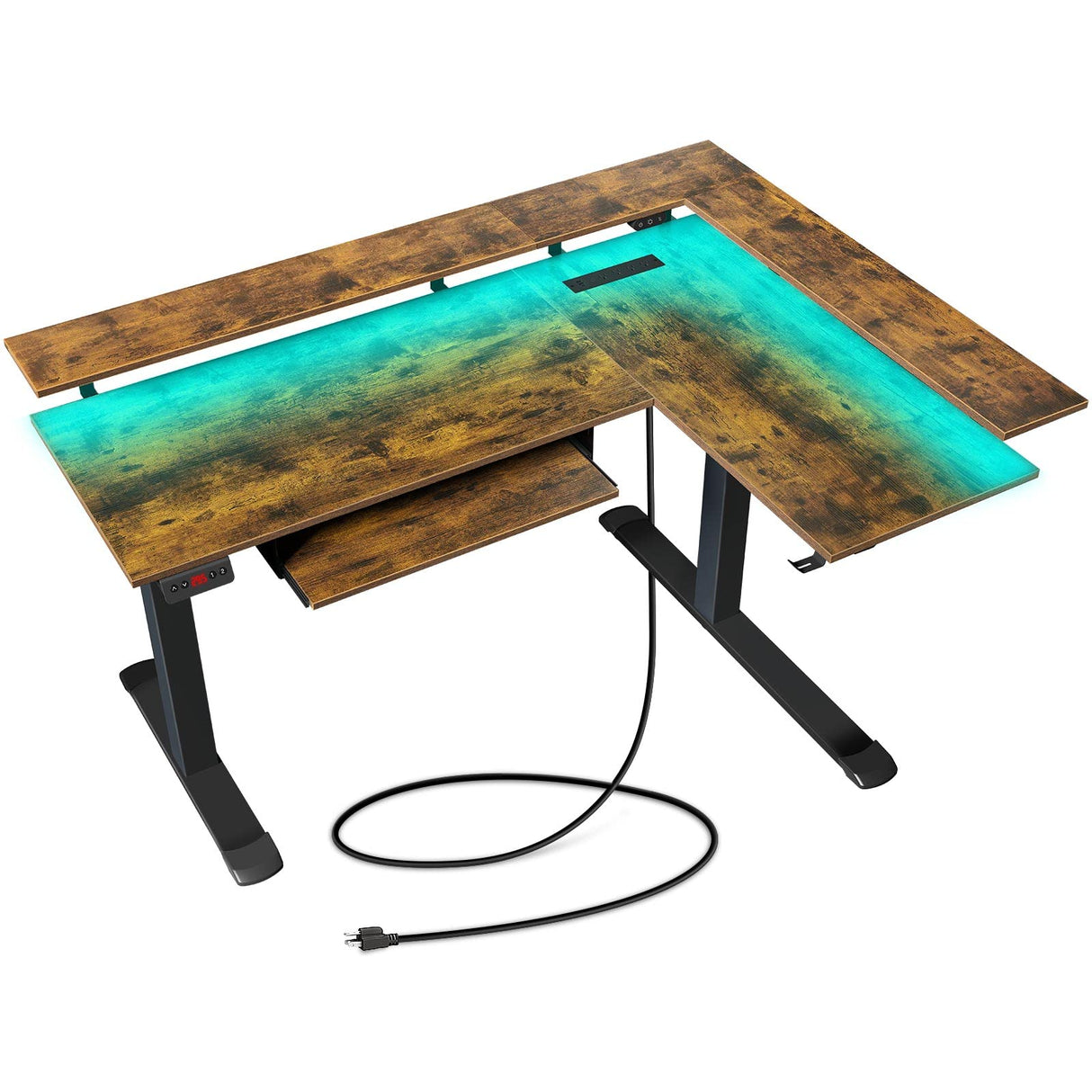 L Shaped Standing Desk with LED Light and Power Outlet, Dual Motor Height Adjustable