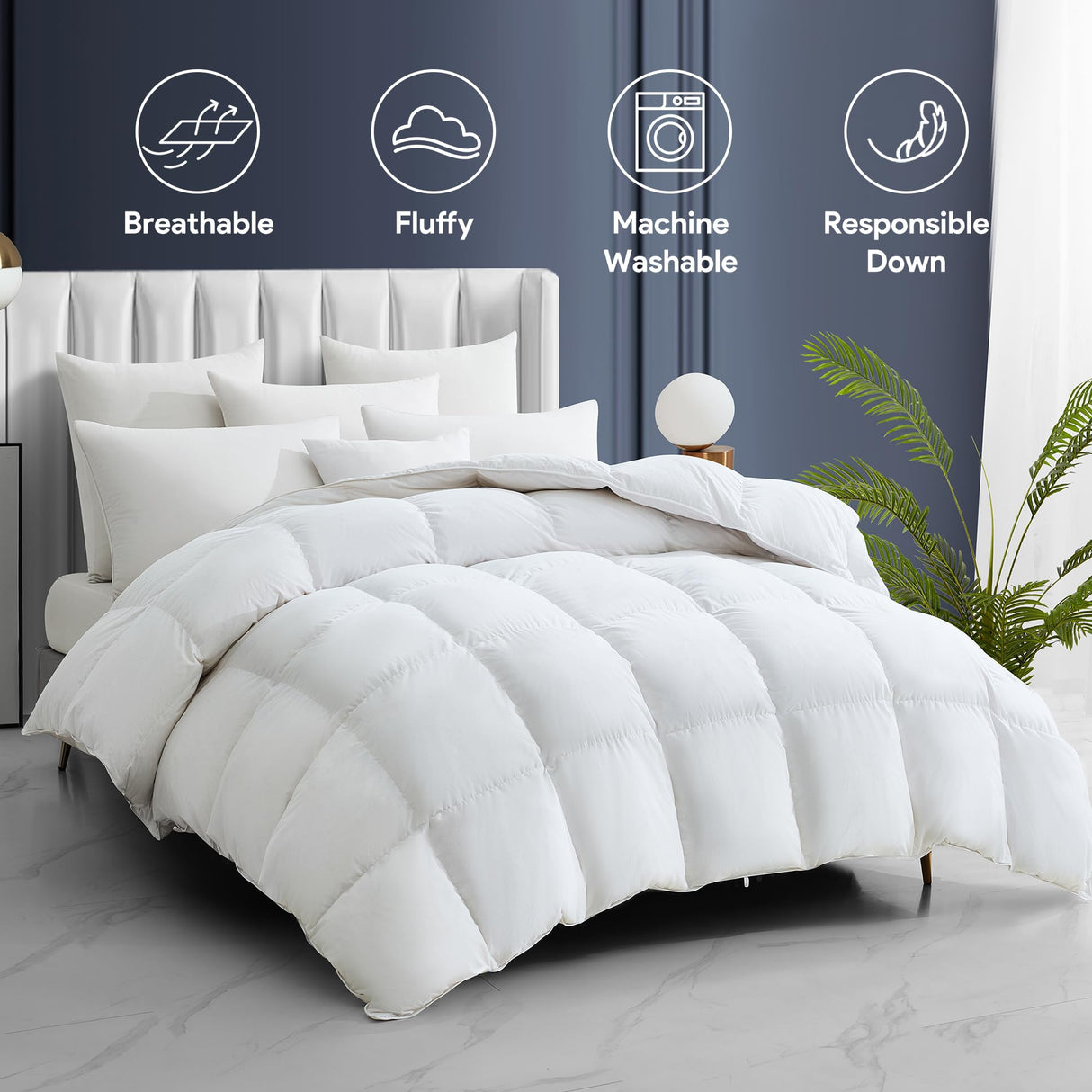 Maple&Stone Feather Down Comforter Queen Size All Season White Down Duvet Insert Ultra Soft 100% Cotton Cover Fluffy Queen Comforter 90 x 90 Inches