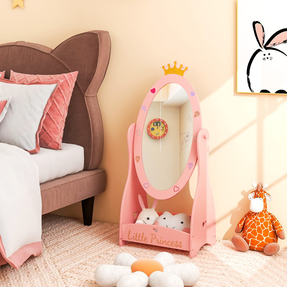 Kids Full Length Mirror, Princess Floor Free Standing Mirror w/Storage Shelf