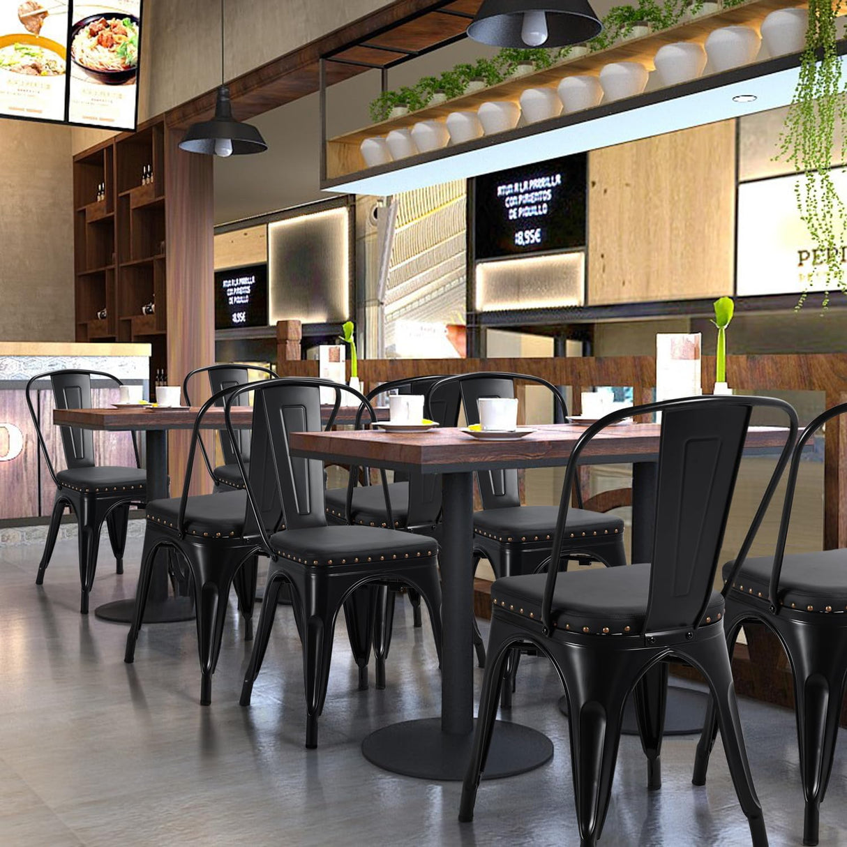 4pcs Metal Dining Chairs with PU Leather Seat High Back Soft Cushioned Industrial Classic Iron Chairs