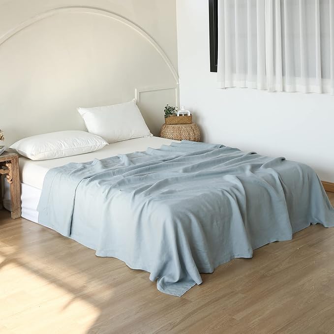 French Linen Flat Sheet with Embroidered Border-100% Stone Washed Flax Bedding,