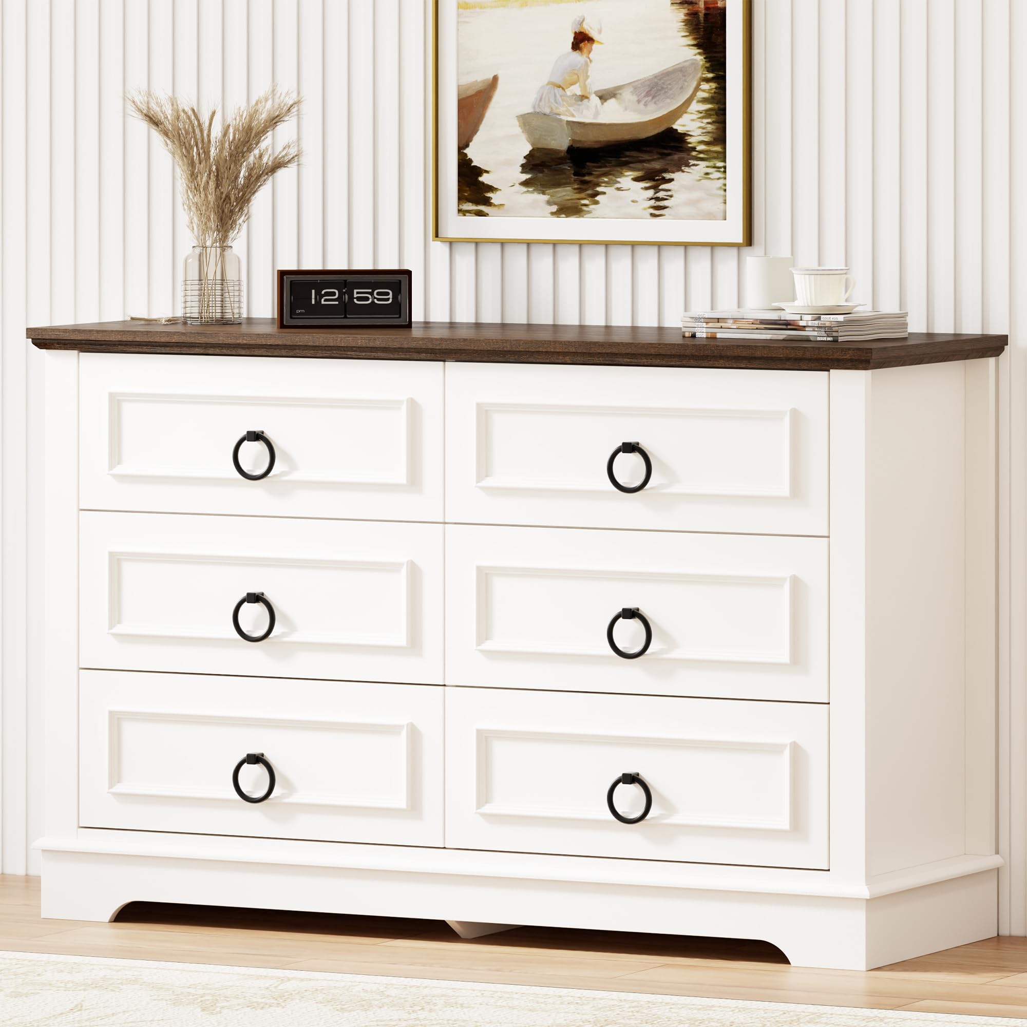 White Dresser for Bedroom, Wood Double Dressers & Chests of Drawers with 6 Drawers