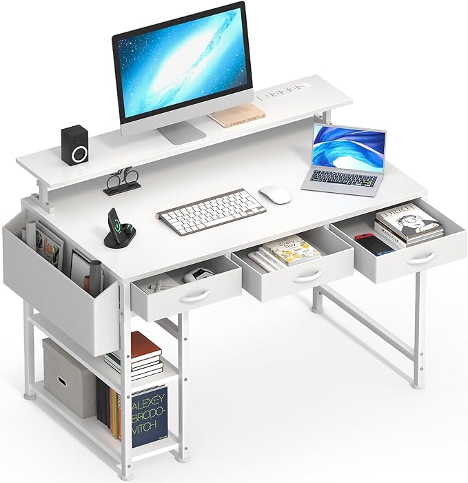 47 Inch Computer Desk with 3 Drawers, Gaming Desk with LED Lights and Adjustable Monitor Stand