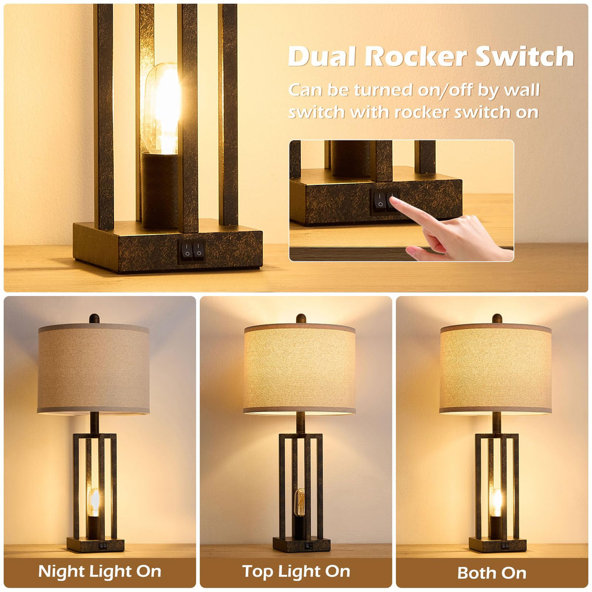 26.6" Farmhouse Table Lamps Set of 2 with USB Ports & Outlet