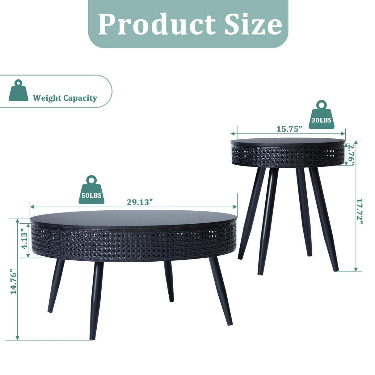 Modern Farmhouse Round End Table Set of 2,Iron Rattan Coffee Table