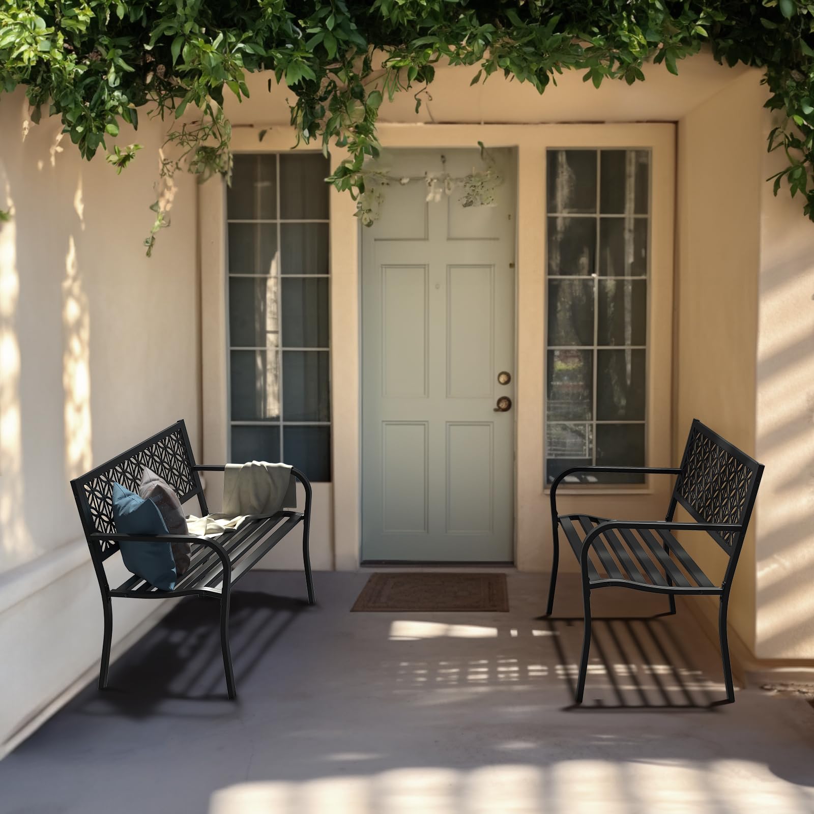 Outdoor Bench Metal with Floral Back, Garden Bench Front Porch Benches