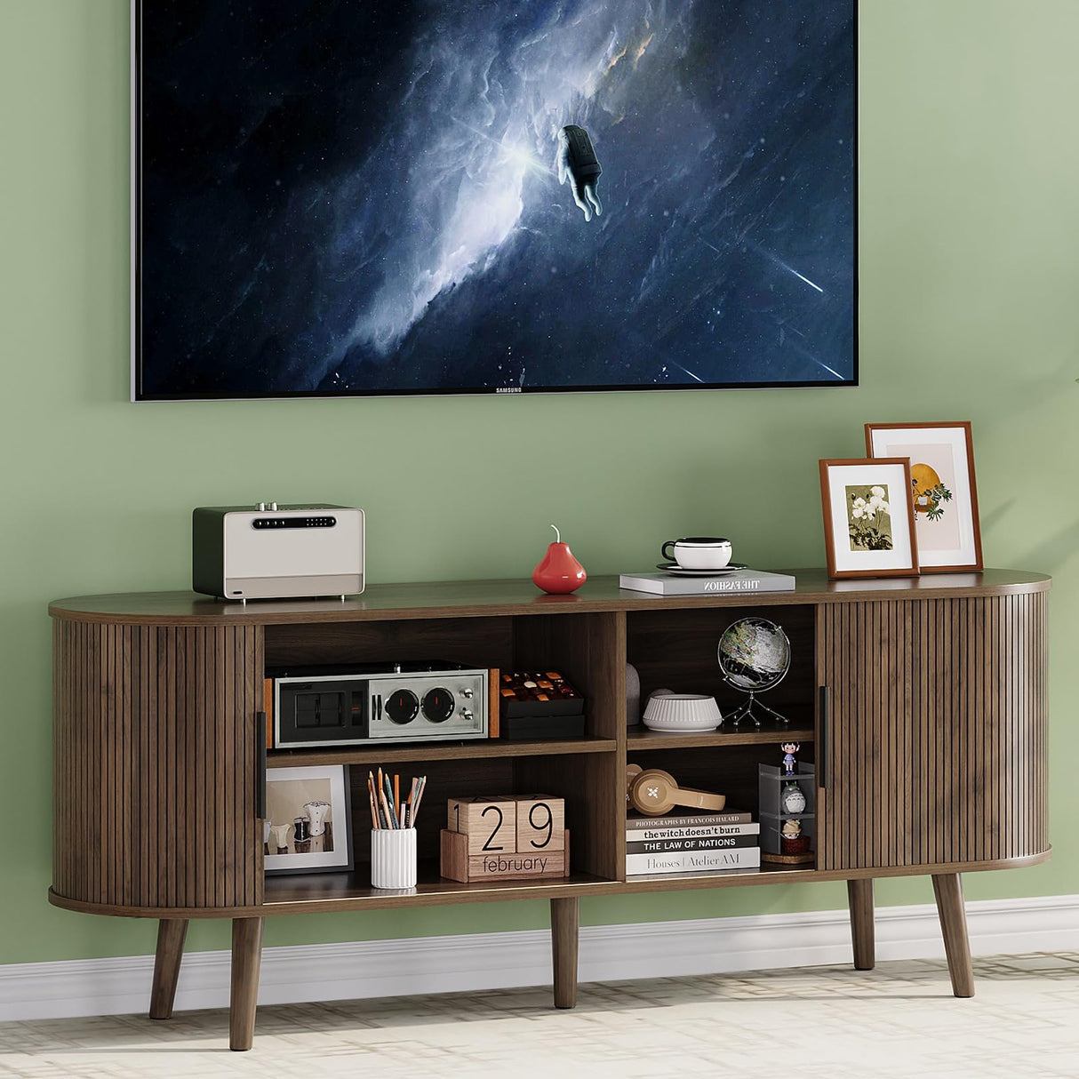 Fluted TV Stand Mid Century 59" TV and Media Console Table with Storage Shelf