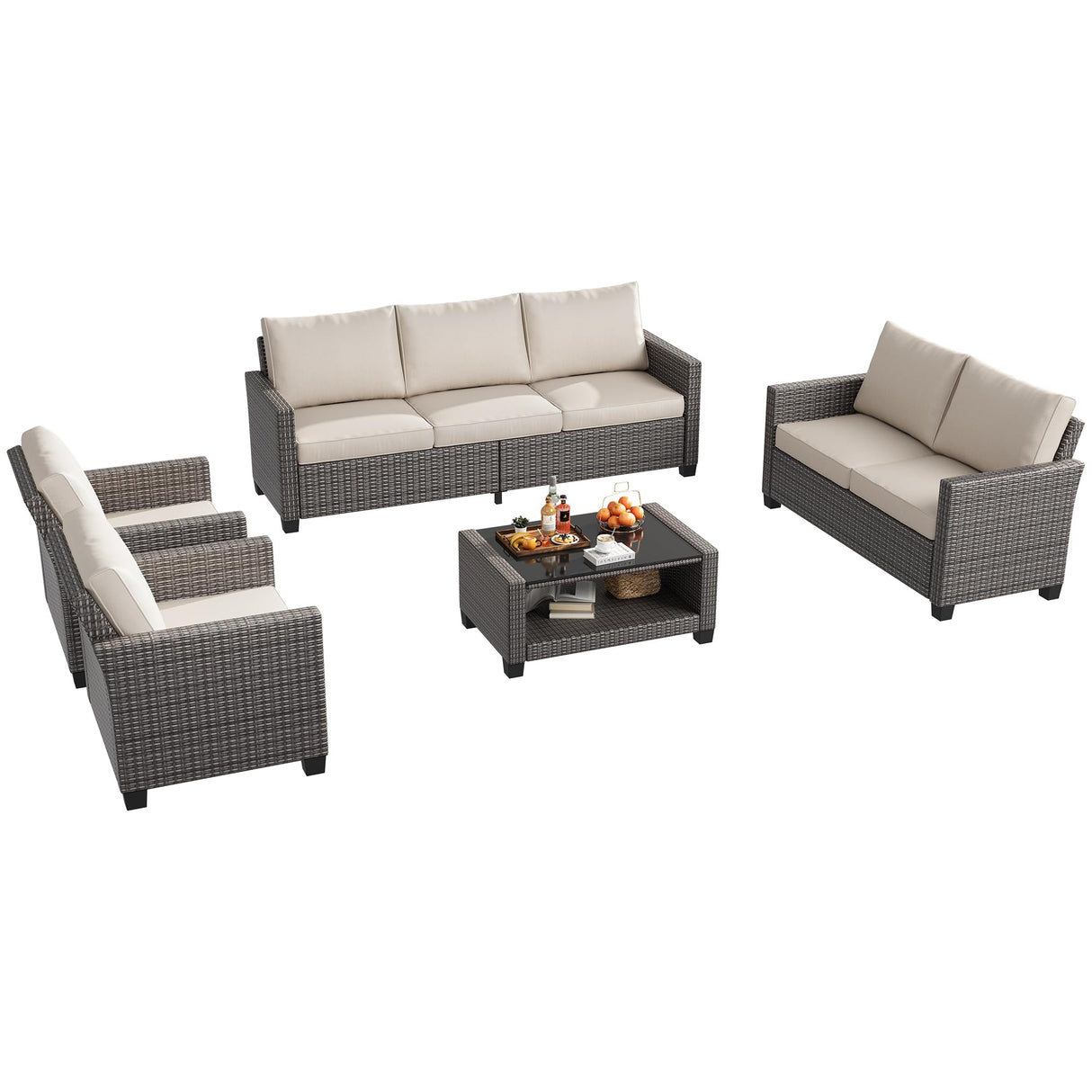 7 Seats Outdoor Wicker Sectional Conversation Set, 5 Pieces Rattan Patio Furniture