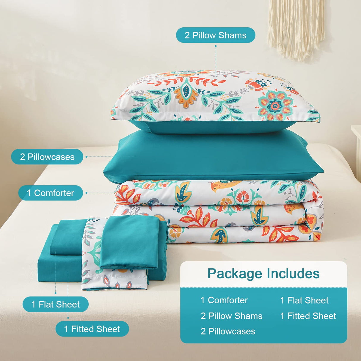 Boho Comforter Set Queen - 7 Pieces Bed in a Bag Floral Medallions Design, Bohemian