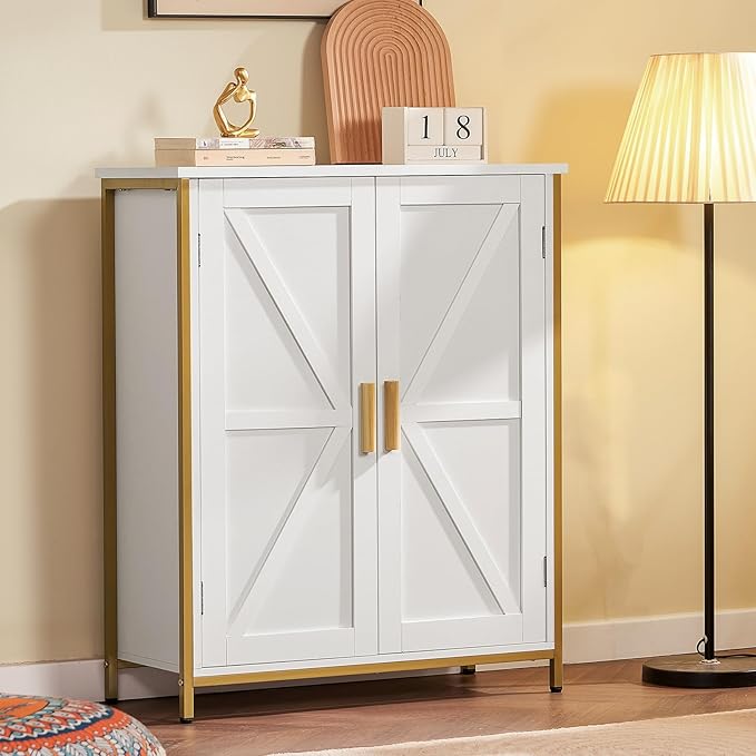 Bathroom Cabinet, Storage Cabinet with 2 Adjustable Drawers & 2 Barn Doors, Standing