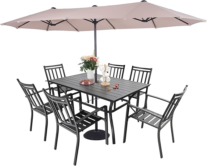 7 Pieces Patio Dining Set with 13ft Double-Sided Umbrella